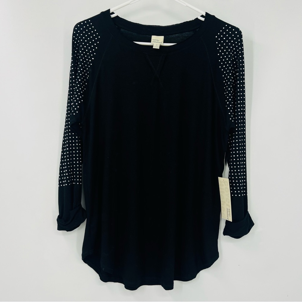 Cover Stitched Women's Top Black Embellished Rhinestone Sleeves Size Medium